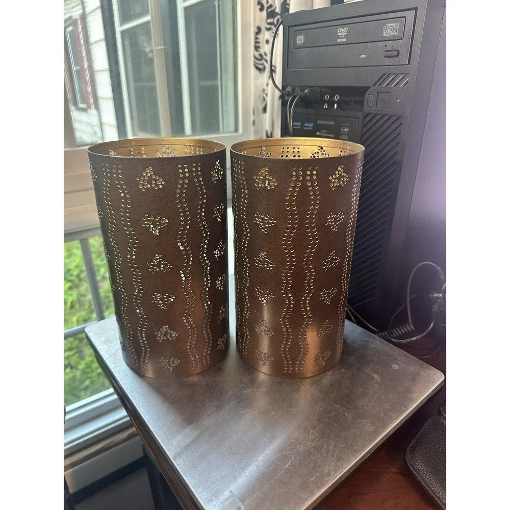 VTG Set of 2 Bronze Punched Tin Candle Holder 8X4.5 inches